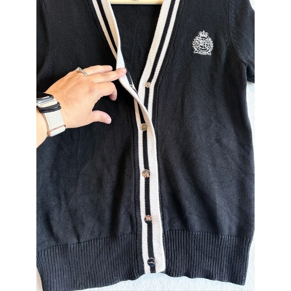 Lauren Ralph Lauren Cardigan Women S Black Varsity Crest Short Sleeve V-Neck